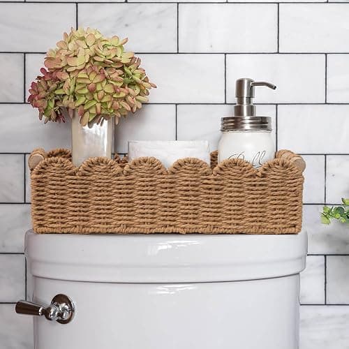CubesLand Paper Rope Scalloped Edge Toilet Paper Storage Basket, Small Living Room, Bedroom Decor Baskets for Over Toilet Storage Shelf, End Table, Shelves and More, with 2 Wooden Handle, Neutral thumbnail 9