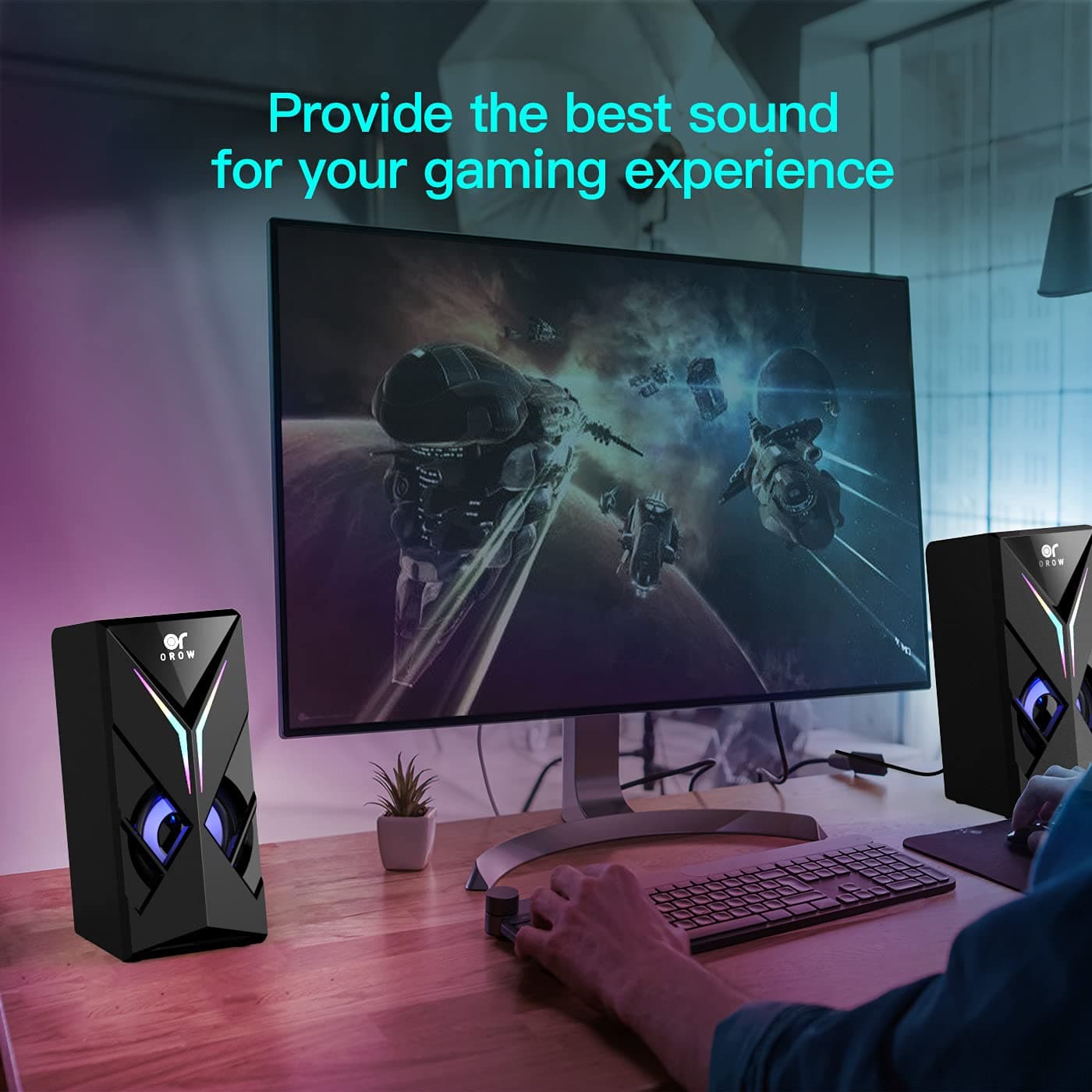 OROW 10W RGB Computer Speakers with Volume Control, Colorful LED Gaming Speakers for PC/Desktop/Laptop/Monitor, 3.5mm Aux Input, Lights On/Off Option (S201) thumbnail 6