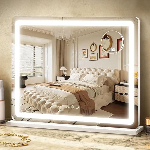 ROLOVE 23"x 18" Large Vanity Mirror with Lights, LED Makeup Mirror for Dresser and Desk, 10X Magnification, Dimmable Touch Control, Wall Mounted or Tabletop Mirror for Bedroom (White) - Image 1