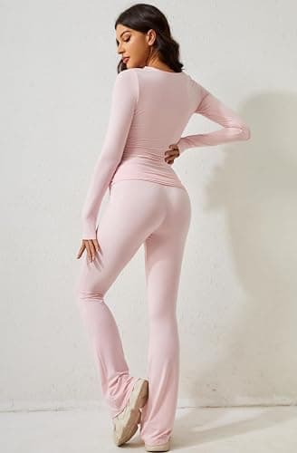MISSACTIVER Women's Two Piece Outfit Basic Long Sleeve Crop Top and Low Rise Flare Pants Set Lounge 2 Piece Yoga Tracksuit thumbnail 5