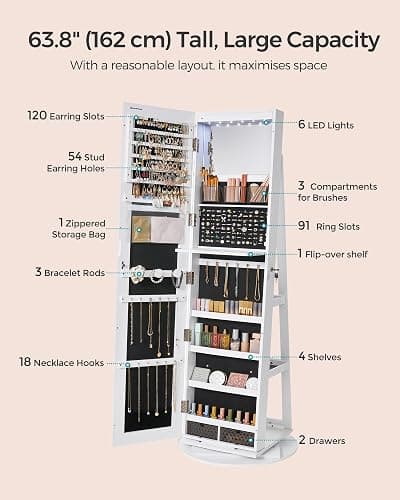 SONGMICS 6 LEDs Mirror Jewellery Cabinet, 360° Swivel Jewellery Storage Organiser, Lockable, Free-Standing Frameless Full-Length Mirror with Storage, White Surface, Black Lining JJC007W01 thumbnail 6