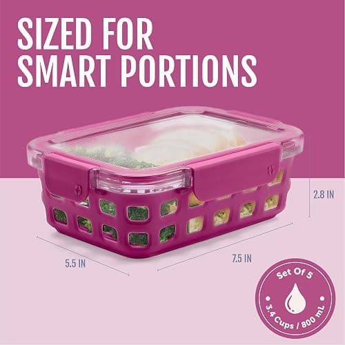 Ello Duraglass 3.4 Cup Meal Prep Sets 10Pc, 5 Pack Set- Glass Food Storage Container with Silicone Sleeve and Airtight BPA-Free Plastic Lids, Dishwasher, Microwave, and Freezer Safe, Evening Orchard thumbnail 2