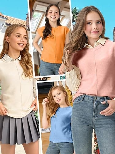 Girls Fall Cap Sleeve Teen Tops Cute Casual Crew Neck Loose Knit Lightweight Vests Fashion Shirts Tops Clothes thumbnail 3