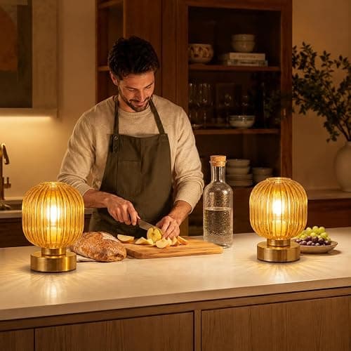 Elenhome Amber Touch Glass Table Lamp Set of 2, 3-Way Dimmable Bedside Lamps, Vintage Mid-Century Modern Nightstand Lamps for Bedroom and Living Room, Ambient Mood Lighting, LED Bulb Included thumbnail 9