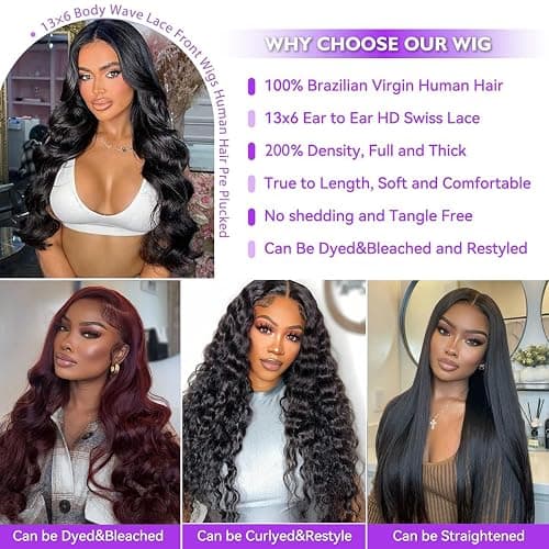 13x6 Lace Front Wigs Human Hair Body Wave HD Lace Wig 220% Density 28 Inch | Brazilian Virgin Hair Pre Plucked with Baby Hair HD Transparent Lace Frontal Human Hair Wigs for Black Women Natural Black thumbnail 9