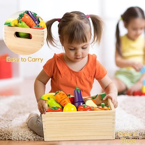 Wooden Play Food for Toddlers, Fruit & Veggies Cutting Set for Play Kitchen | Pretend Play Food, Teaches Part/Whole & Colors, Includes Knives & Board, Christmas Birthday Gift for Boys Girls 3+ Year Old thumbnail 7