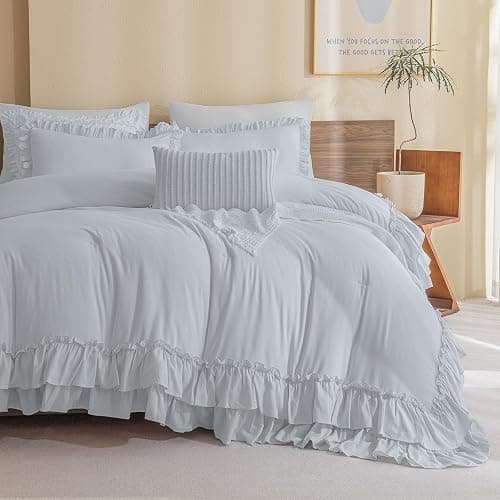 Masaca Ruffle Comforter Full Size,3 Pieces Farmhouse Shabby Boho Chic Full Bedding Set,Vintage Ruffled Rustic Light Blue Bedding Comforter Set for All Season thumbnail 7