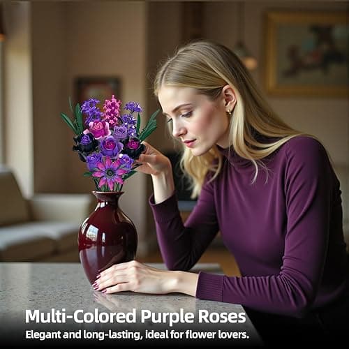 Purple Rose Bouquet Building Set - Compatible with Lego Flowers for Adults Women - Gothic Home Office Table Centerpiece Decor, Halloween Christmas Valentine's Gift thumbnail 2
