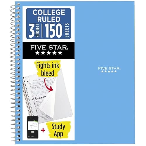 Five Star Spiral Notebook + Study App, 3 Subject, College Ruled Paper, 8.5" x 11", 150 Sheets, Blue (Color May Vary) (820003NH0) - Image 1