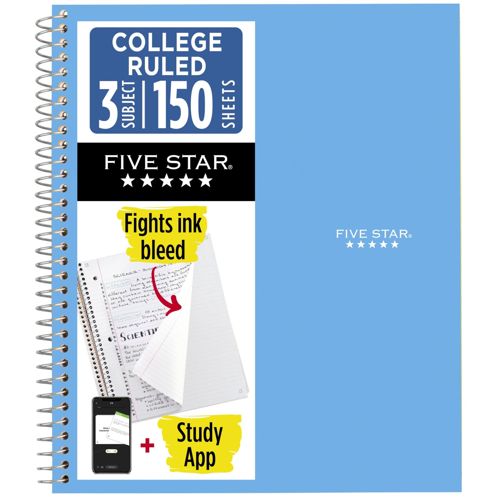 Five Star Spiral Notebook + Study App, 3 Subject, College Ruled Paper, 8.5" x 11", 150 Sheets, Blue (Color May Vary) (820003NH0) Blue 1 Count (Pack of 1) - Image 1