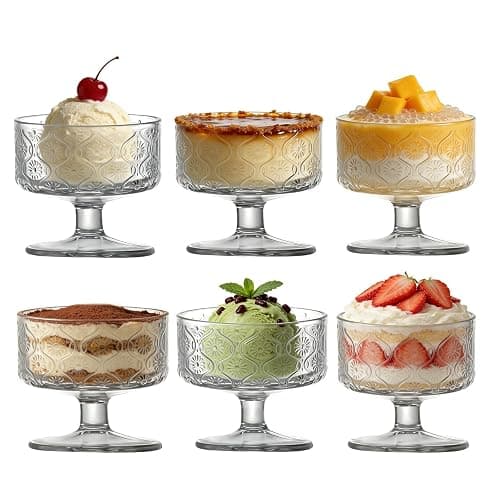 YFXREIL Set of 6 Glass Dessert Bowls, 6.09OZ, Ice Cream Cones Cocktail Glasses Elegant Martini Cups for Fruits Salads Puddings Stylish Crystal Design Perfect for Parties and Special Occasions - Image 1