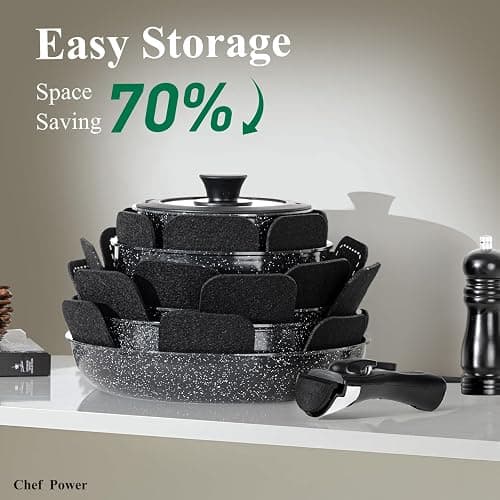 Chef Power Ceramic Nonstick Cookware Set 19 Piece with Detachable Handle, Induction Dishwasher Oven Safe Pans and Pots Set, RV Kitchen Set Removable Handle, Rock Stone Black thumbnail 4