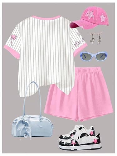 Floerns Girl's 2 Piece Outfits Graphic Print Drop Shoulder Tee & Contrast Binding Track Shorts Clothing Set thumbnail 2