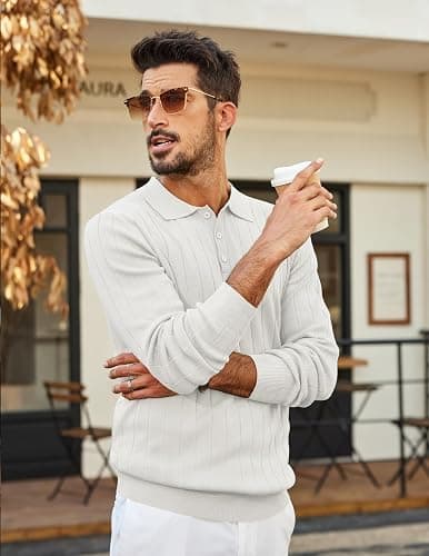 COOFANDY Mens Knit Polo Sweater Long Sleeve Polos Lightweight Casual Dress Pullover Sweaters thumbnail 3