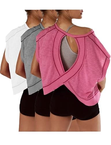 Womens 3 Pack Open Back Tops Casual Short Sleeve Workout Shirts Y2k Crop Athletic Tops Gym Yoga Running Tees - Image 1