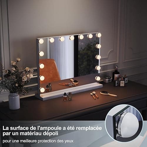 SIRHONA Miroir Maquillage Lumineux, Miroir Coiffeuse LED 15 Lumières Dimmables, Éclairage 3 Couleurs, Contrôle Tactile, 58x45.5x12 cm thumbnail 5