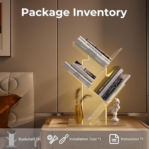 YiXinHo Small Bookshelf with Light, 3 Tier Acrylic Short and Petite Bookcase, Mini Tree Bookshelf for Compact Spaces/Desk/Living Room Decor/Bedroom/Apartment Decor/DVD Storage thumbnail 5