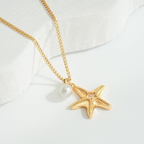 MTMY Gold Starfish Necklace 14K Gold Plated Shell Conch Ocean Pendant Necklace for Women Beach Summer Jewelry thumbnail 5