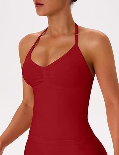 OLCHEE Womens Halter Workout Tank Tops V Neck Backless Strappy Padded | Longline Gym Yoga Pilates Top, Adjustable Spaghetti Strap, Backless, Scrunch, Sweetheart, Built-in Bra, Removable thumbnail 4