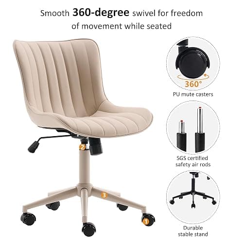 YOUNIKE Cream Home Office Desk Chair with Wheels Armless Compact Comfy Vanity Chair with Adjustable Back Modern Small Leather Upholstered Rolling Swivel Cute Computer Task Sewing Chair No Arms thumbnail 4