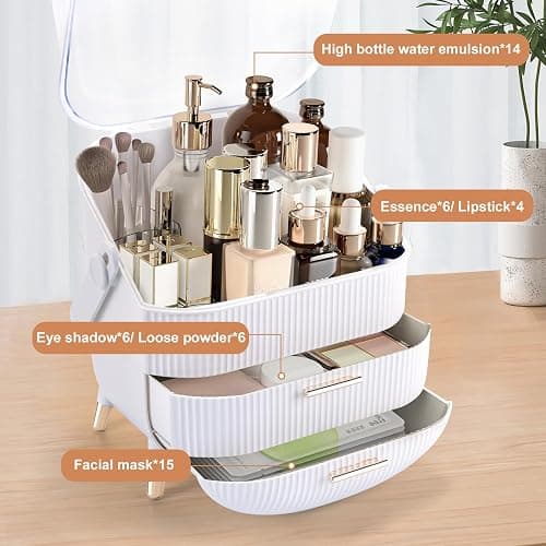 Makeup Organizer for Vanity, Make up Organizers and Storage, Cosmetics Skincare Organizers with Lid and Drawers, Cosmetic Display Cases for Countertop, Bathroom, Dresser, Ideal Gifts for Women(White) thumbnail 4