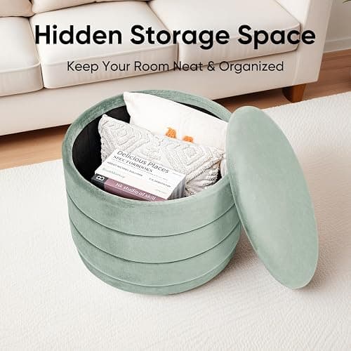 ZOLANOful 23" Round Velvet Storage Ottoman with Reversible Lid, Soft Padded Footrest and Hidden Storage, Large Upholstere Tray Top Ottoman Footstool for Living Room, Bedroom, Entryway, Sage Green thumbnail 4