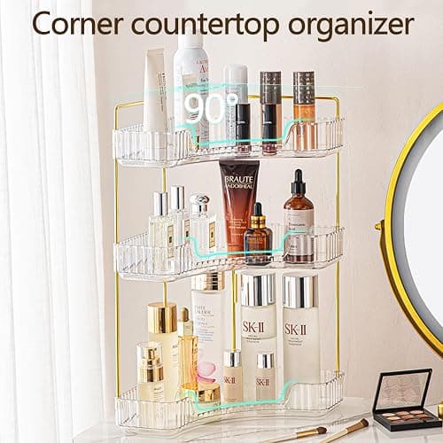 shuang qing 3-Tier Corner Bathroom Counter Organizer – Storage Shelf for Makeup, Perfume & Skincare, Space-Saving Countertop Tray Fits Bathroom, Dresser, Kitchen (White) thumbnail 4