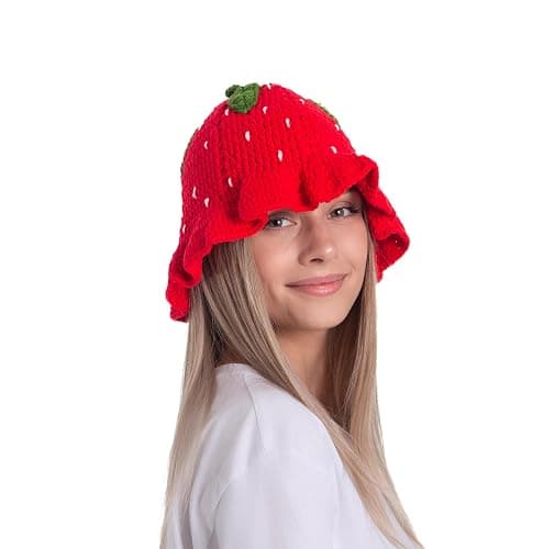 ComfyCamper Knitted Strawberry Hat - Womens Adult Mens Women Crochet Fruit Summer Cosplay Halloween Costumes thumbnail 2