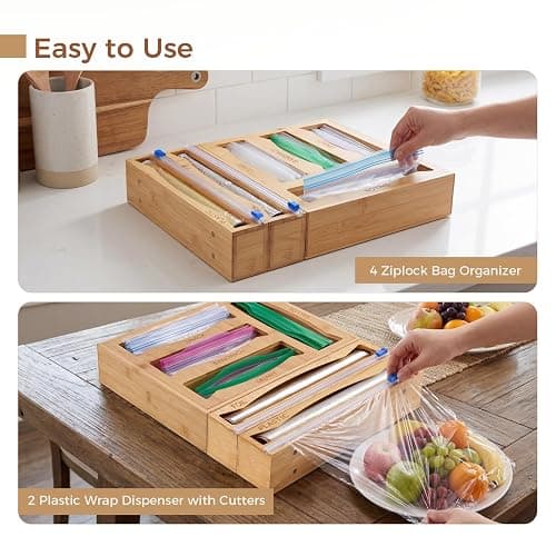6-in-1 Bamboo Kitchen Drawer Organizer for Storage Bag, Foil & Plastic Wrap thumbnail 9