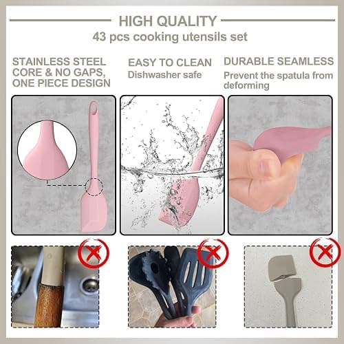 Silicone Cooking Kitchen Utensil Set, AIKKIL 43 Pcs Pink Cooking Utensils Set, Turner, Tongs, Spoon, Spatula, Kitchen Gadgets Tools Set For Nonstick Cookware, Heat Resistant (Dishwasher, BPA Free) thumbnail 6