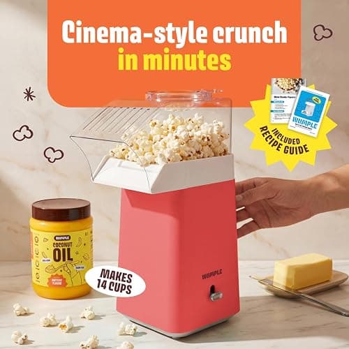 Wumple Hot Air Popcorn Machine - 14-Cup Electric Popcorn Popper, Oil-Free, 1200W - Includes Measuring Cup - Home Popcorn Maker for Movie Nights - Red thumbnail 3