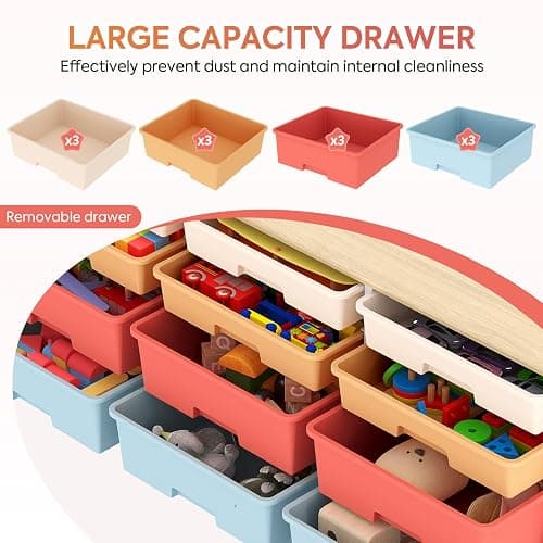 12 Drawers Storage Cabinet with Wooden Top and Plastic Bins, Toy Storage Organizer Toy Shelf Storage Chest Cubby Organizer for Home, Office, Playroom, Classroom & Craft Room Storage (Multicolored) thumbnail 5