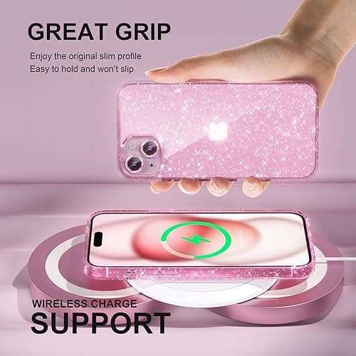 Choiche Compatible for iPhone 15 Case Women Phone Case, Cute Bling Sparkly, Military Grade Drop Protection, 2 Diamond Camera Lens Covers, 2 Tempered Glass Protectors, 6.1 inch (Glitter Pink) thumbnail 7
