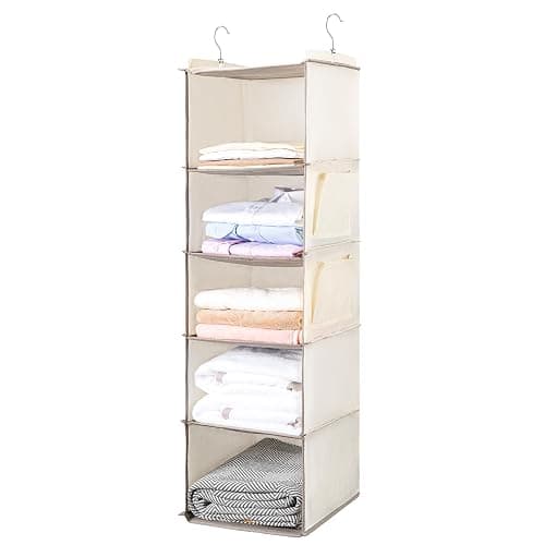 BOOMIBOO Hanging Closet Organize and Shelves，5-Hanging Shelf with 2 Side Pockets，Storage Foldable （Beige） - Image 1