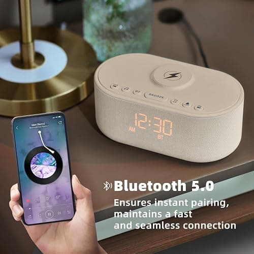 Odokee Sound Machine Alarm Clock for Bedrooms with Wireless Charging | Dimmable Clock with Bluetooth Speaker - White Noise Machine for Sleeping with 21 Soothing Sounds for Baby Adults Kids - Putty thumbnail 6