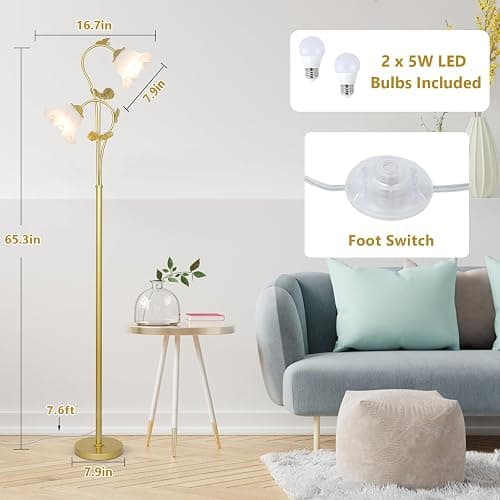 HMVPL Gold Floor Lamp for Living Room, Flower Standing Lamp with 2 LED 5W Blubs, Foot Switch, Floral Tall Lamp with Acrylic Shade, Antique Lotus Flower Floor Lamp for Living Room Office Reading thumbnail 3
