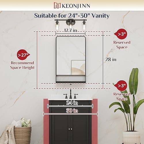 Keonjinn 18x28 Inch Black Bathroom Mirror with Shelf, Rectangle Metal Bathroom Vanity Mirror with Storage, Black Rounded Corner Wall Mounted Bathroom Mirrors for Over Sink Bedroom Entryway - 28"L x 18"W - Black thumbnail 2