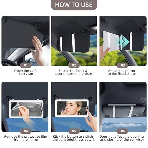 Car Visor Vanity Mirror with Light, Rechargeable Dimmable Touch LED Sun Visor Mirrors, Large Detachable Vanity Makeup Mirror with 3 Color Modes for Truck SUV Car Accessories Essential for Women(White) thumbnail 7
