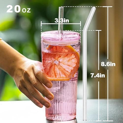JunVpic Glass Coffee Cups with Lids and Straws, 20 OZ Pink Iced Water Glasses Tumblers for Ice Juice, Tea, Milk, Smoothie and Cold or Hot Drinks, Set of 2 thumbnail 3