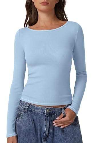 QINSEN Women's Long Sleeve T Shirts Crewneck Tight Fitted Rib Knit Y2k Casual Tee Tops - Image 1
