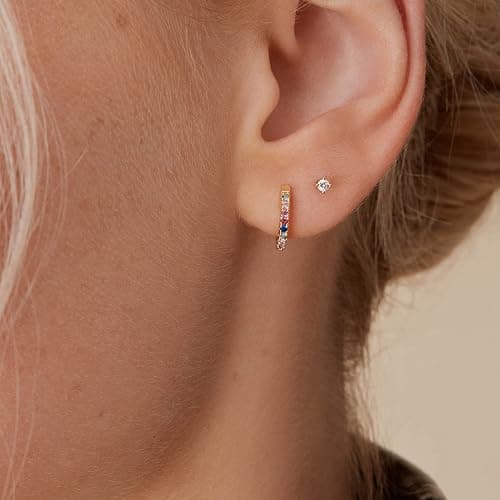 PAVOI 14K Gold Plated 925 Sterling Silver Post Huggies | Cubic Zirconia Huggie Earrings for Women | Green, Garnet, Spinel Blue, Black, Multicolored Stones thumbnail 2