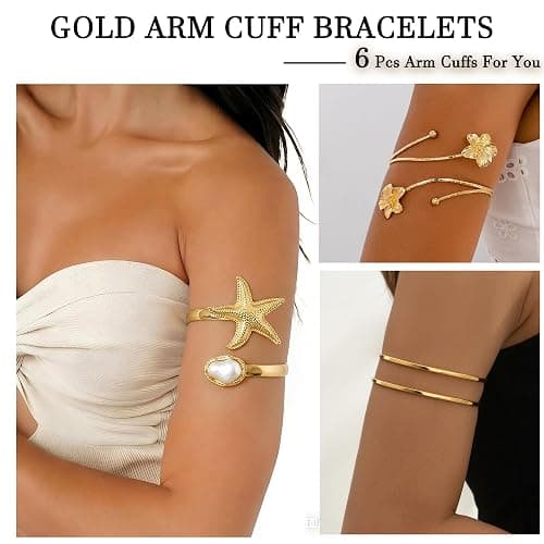 17KM 6PCS Gold Arm Cuff Bracelets for Women, Boho Statement Gold Upper Arm Bangle Band Armlet, Open Adjustable Cuff Bracelet set Stackable Jewelry thumbnail 3