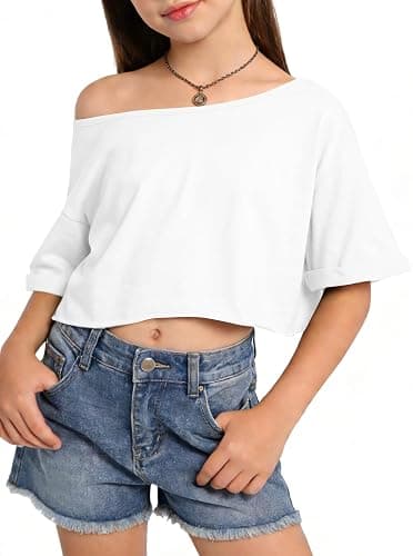 Ecolala Girls Off The Shoulder Tops Short Sleeve Oversized T Shirts Rolled Cuffs Loose Fit Crop Tops for Kids - Image 1