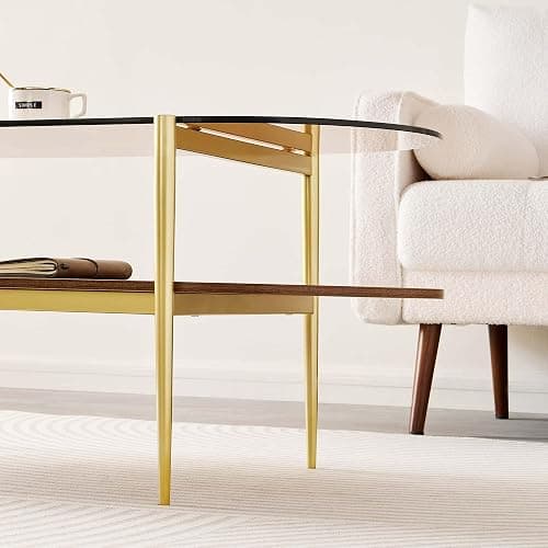 LumFurn Oval Glass Coffee Table, Mid-Century Modern Design, L41 x W21 x H17 inch, for Living Room, 2-Tier Structure, Amber Glass Top and Walnut Finish Wood Shelf, Conical Legs with Gold Finish Frame thumbnail 6