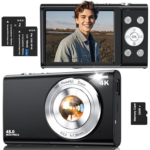 Digital Camera,4K Autofocus Point and Shoot Digital Camera with 32GB Card,48MP Portable Compact Camera Photography for Teens Adult Beginner with 16X Zoom,Anti-Shake,2 Batteries(Black) - Image 1