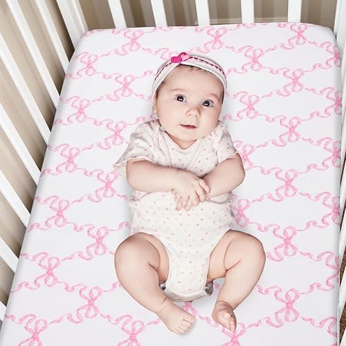 Hahafelt 3 Pcs Baby Girls Crib Bedding Set Coquette Pink Bow Baby Bedding Set for Girls Coquettish Pink Heart Bow Infant Nursery Includes Quilt, Fitted Crib Sheet and Skirt thumbnail 5