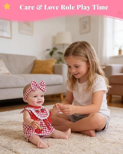 BABESIDE 12-16 Inch Baby Doll Clothes, 4-Piece Doll Outfit Set | 4 Pcs Doll Outfit Set with Strawberry Top, Shorts, Bib & Headband, Cute Baby Doll Accessories, Dress-Up Gift for Kids 3+ thumbnail 5