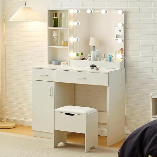 TUKAILAI Schminktisch mit LED-Beleuchtung, Frisiertisch mit 2 Schubladen und 6 offenen Fächern, Moderner Schlafzimmer Make up Schreibtisch, Kosmetiktisch mit Spiegel Einstellbarer Helligkeit thumbnail 9