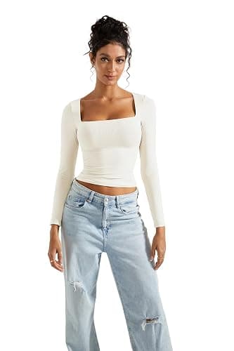 SUUKSESS Women Square Neck Long Sleeve Tops Double Lined Going Out T Shirts thumbnail 2