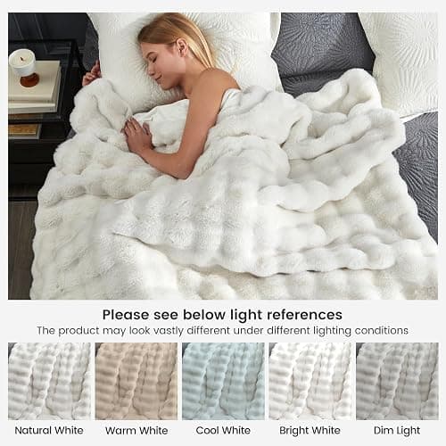Cozy Bliss Faux Fur Throw Blanket for Couch, Fuzzy Soft Plush Thick Bubble Blanket for Sofa Bedroom Living Room, 60 * 80 Inches Cream White thumbnail 9